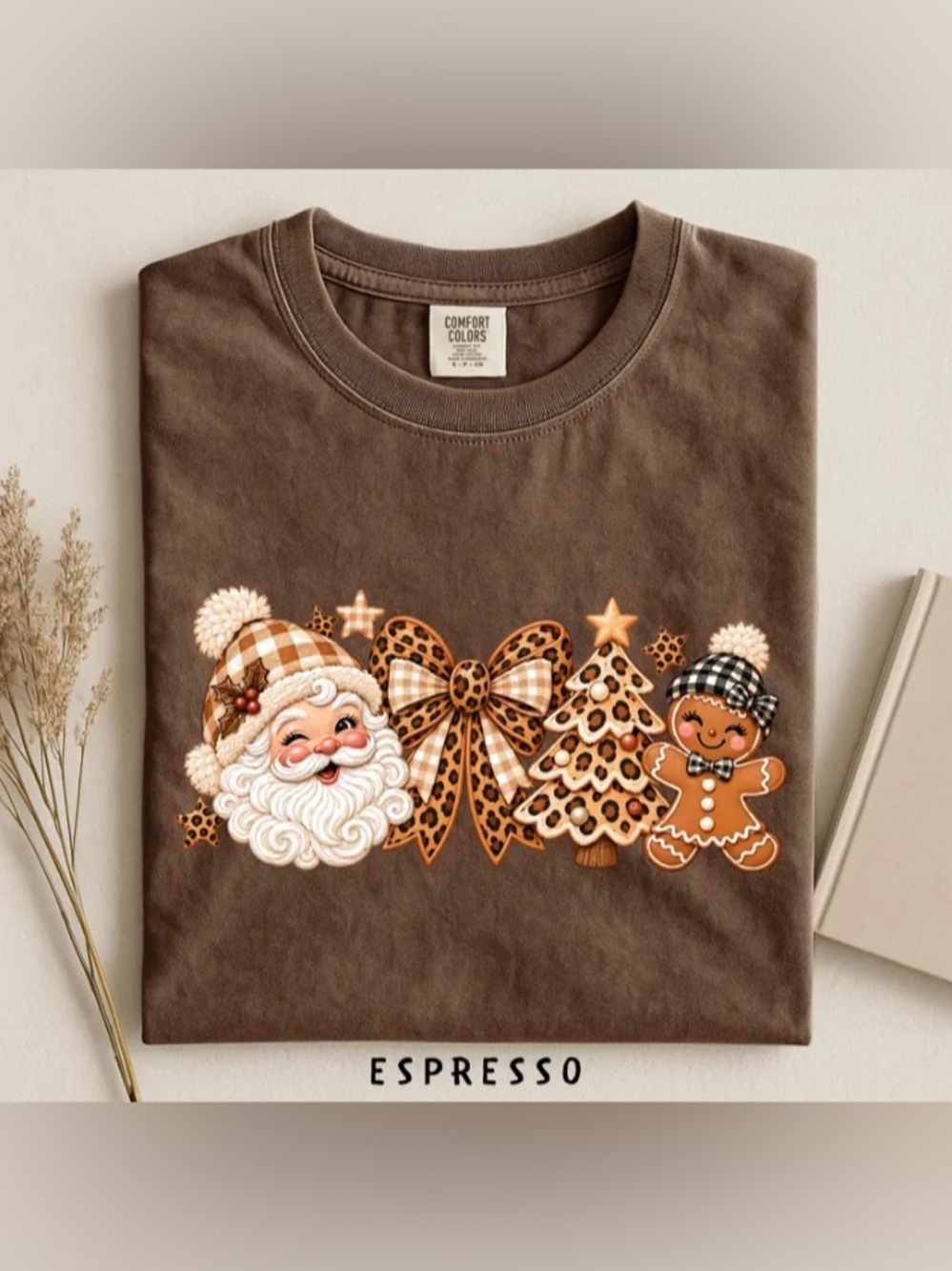 Leopard Christmas Comfort Colors Shirt, Cute Santa Gingerbread Tee, Xmas Bow Tee